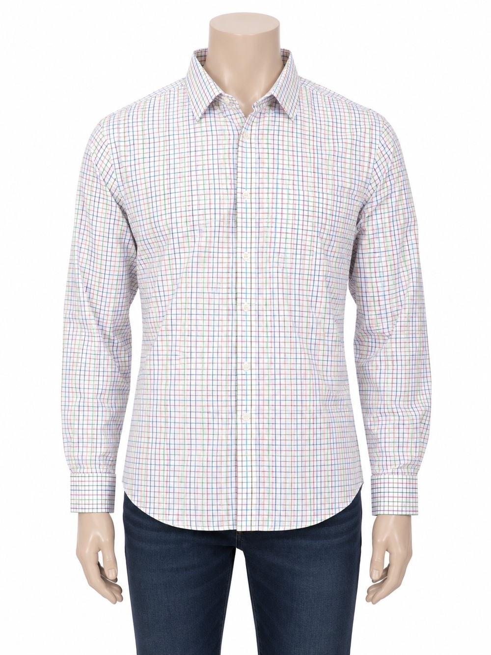 Peter Millar White Multi-Check Dress Shirt with Blue and Green Grid